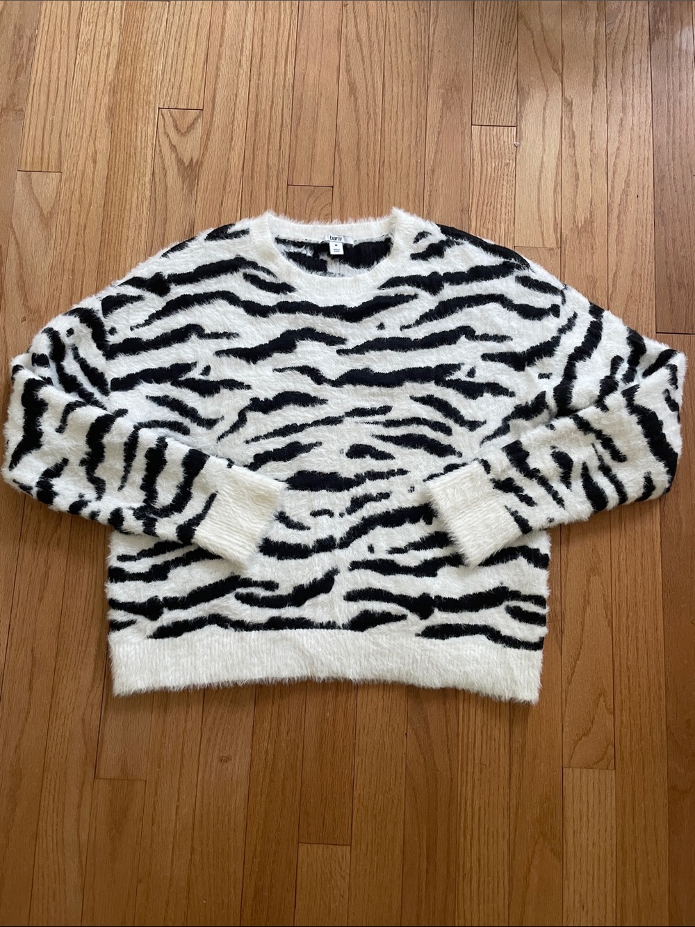 Bar III Black & White Fuzzy Zebra-Print Crewneck Sweater